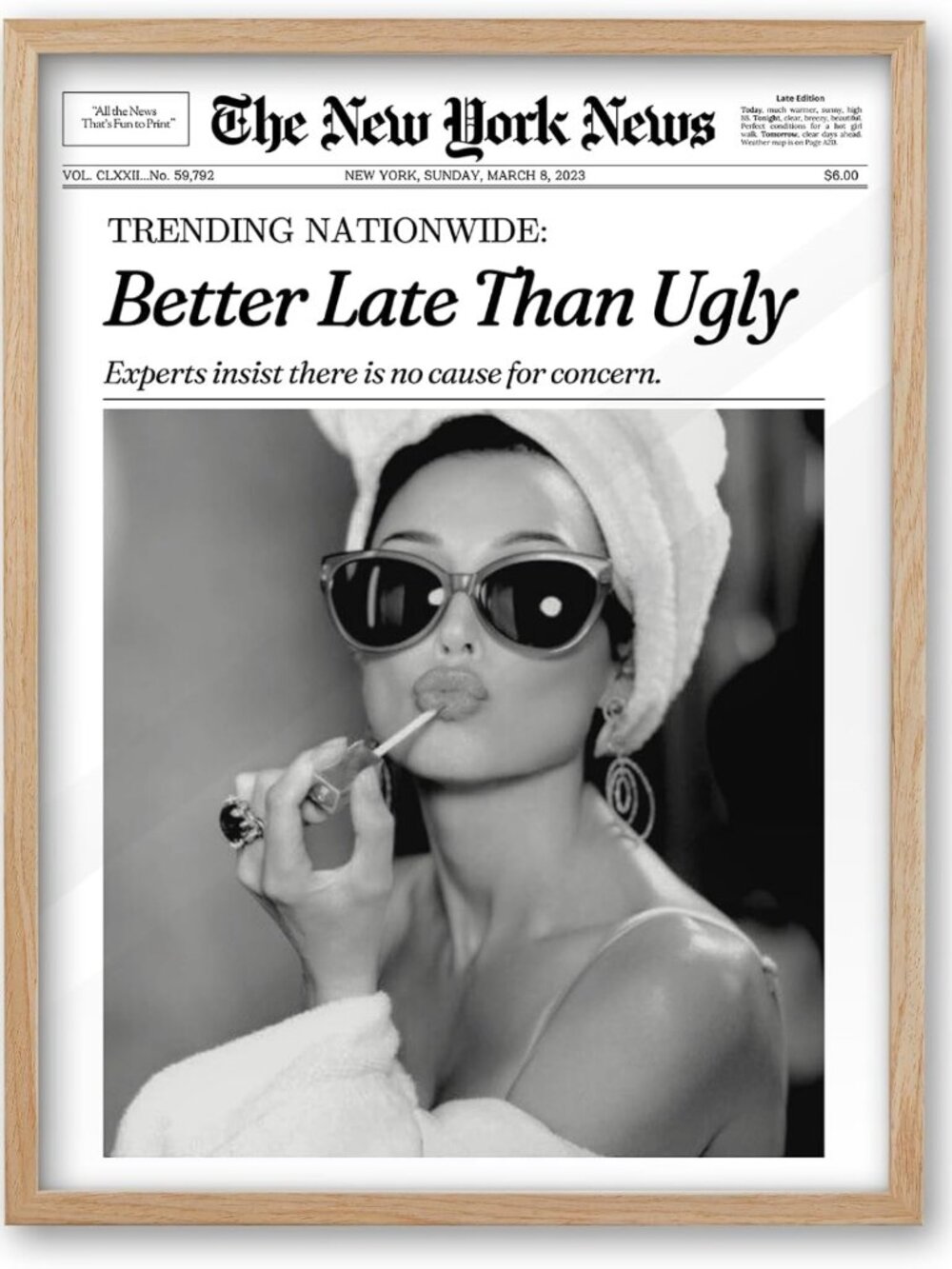 Audrey Hepburn Framed Bathroom Art - 12x16in Better Late Than Ugly Decor